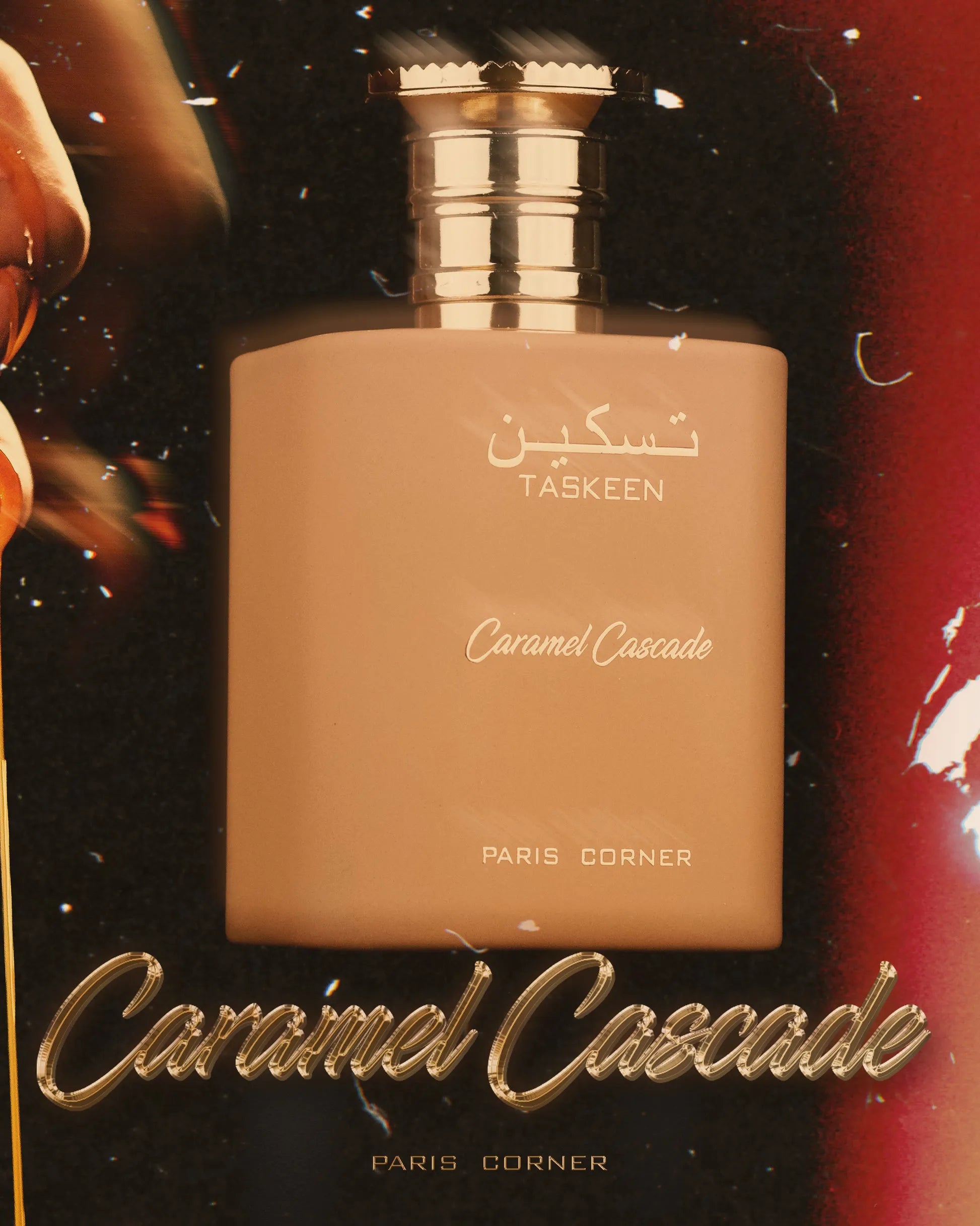 Taskeen Caramel Cascade perfume with notes of caramel, tonka bean, vanilla, white musk, and amber – sweet and sensual fragrance